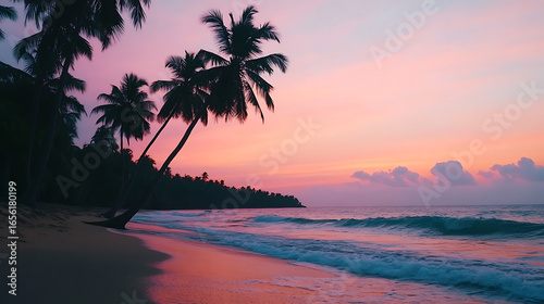 A serene beach at sunset, featuring palm trees silhouetted against a colorful sky, with gentle waves lapping at the shore.