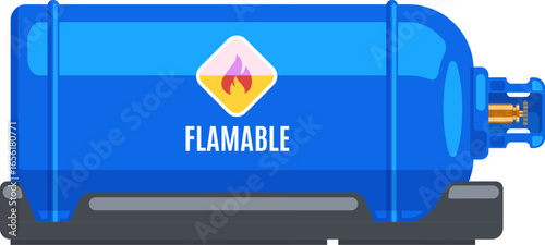 Blue industrial flammable gas cylinder with visible valve and warning sign resting on a gray base, isolated vector illustration on white background