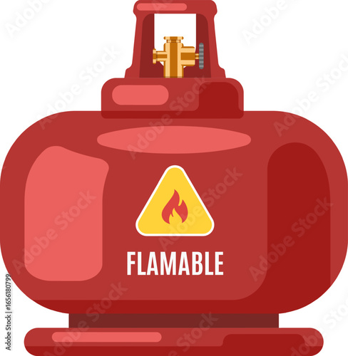 Red flammable gas cylinder with warning sign and valve is isolated on white background, representing safety and caution in handling hazardous materials