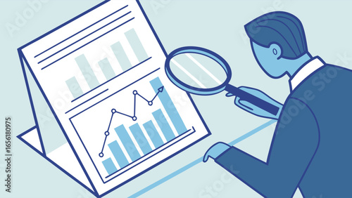 Businessman Analyzing Financial Data with Magnifying Glass.