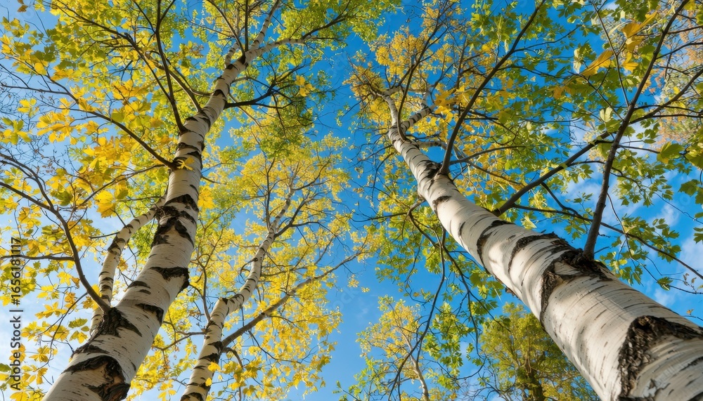 Fototapeta premium Looking up through birch trees with yellowing leaves against a bright blue sky on a sunny day