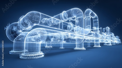 Fototapeta Naklejka Na Ścianę i Meble -  Vibrant 3D wireframe blueprint-style rendering of a complex system of industrial pipes and joints, glowing blue against a solid blue background.