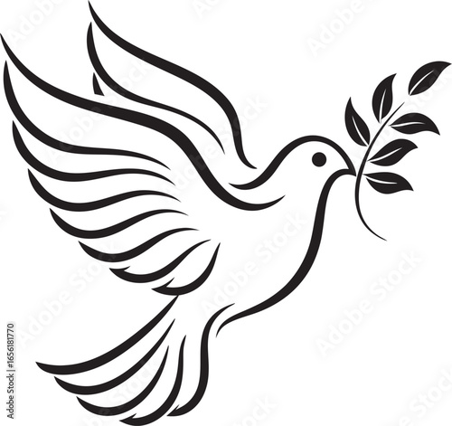 Elegant black and white line drawing of a dove in flight carrying an olive branch symbolizing peace and hope Art & Illustration