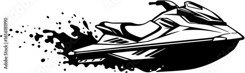 An energetic vector logo jet ski stencil art with a large splash effect
