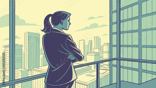 Businesswoman Contemplating Cityscape from Office Window.