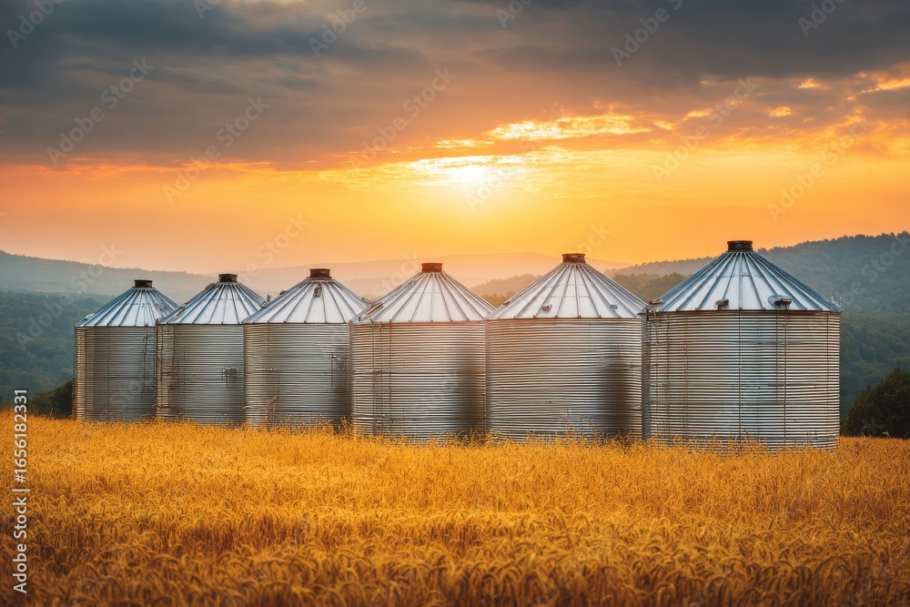 Obraz premium Corn is stored in grain silos located in fields at sunset as part of industrial agriculture infrastructure