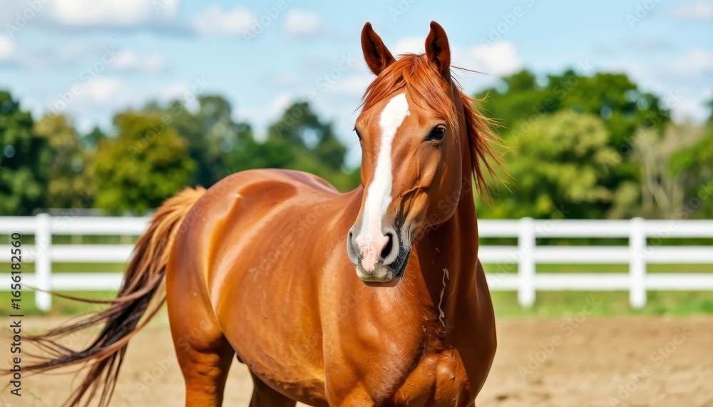 Fototapeta premium A beautiful chestnut horse with a white blaze stands in a sunny outdoor arena with a white fence