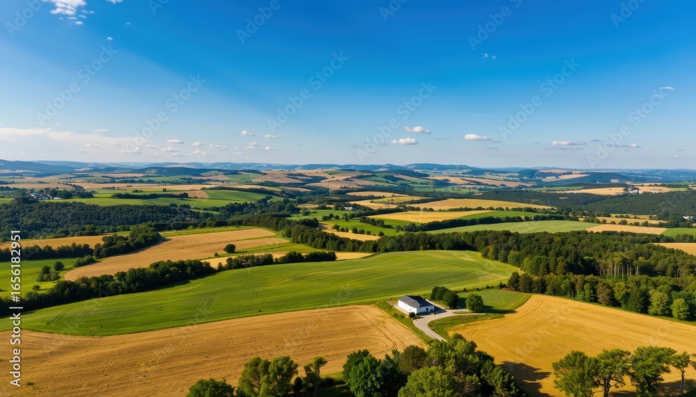 Fototapeta premium Aerial view of a vast agricultural landscape with fields, forests, and a house under a blue sky
