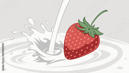 Cartoon Strawberry with Green Stem and Milk Splash.