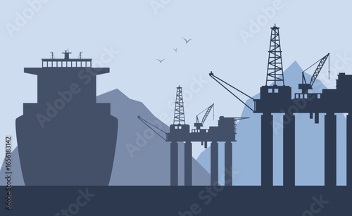 Landscape with oil rigs and a ship in the ocean. Oil industry. Extraction of raw materials.