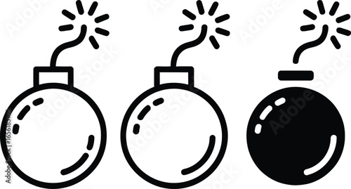 Bomb Icons with a Blazing Fuse, Simple Outline Drawing with Transparent Background