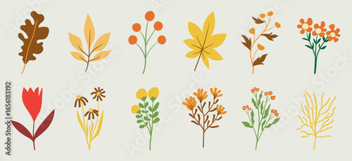 Autumn flower doodle background art vector set. Botanical and leaves abstract shape doodle art design for print, wallpaper, clipart, wall art for home decoration.