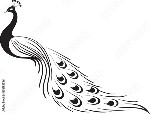 Elegant black and white silhouette of a majestic peacock with its elaborate tail feathers displayed Art & Illustration
