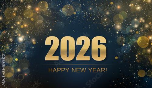 2026 Merry Christmas and Happy New Year Abstract Shiny Gold Glitter Wave Background. Bokeh and Confetti Design Element for Banner, Poster, Website Congratulations.