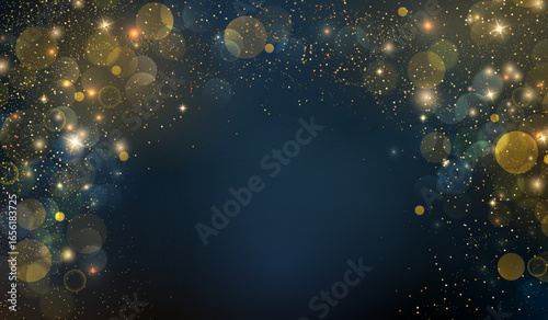 Shiny Festive Background. Abstract Gold Glitter Background. Bokeh and Confetti Design Element for Merry Christmas and Happy New Year Banner, Poster, Website Congratulations. Holiday Party BG.