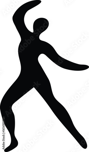 A dynamic, stylized black silhouette of a person dancing or moving with expressive arms and legs.