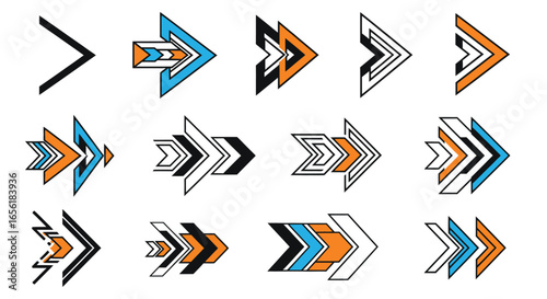 Stylized collection of geometric vector arrows, offering versatile abstract designs perfect for modern digital graphics and directional indicators.