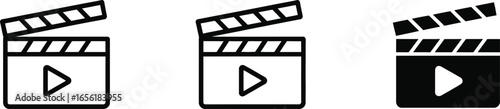 Film Clapper Board Icon Set in Outline and Solid Style on Transparent Background