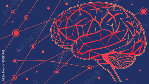 Abstract LowPoly Red Human Brain Illustration.