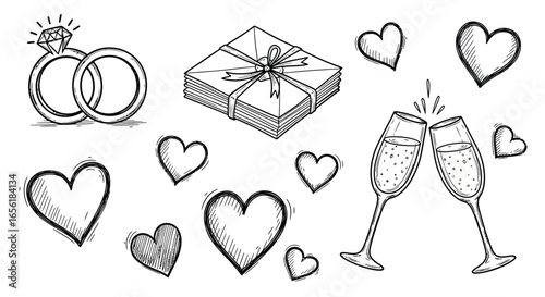Hand-Drawn Wedding Illustrations Rings, Hearts, Gift, Champagne