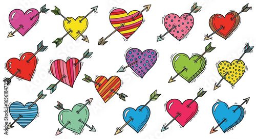 Colorful collection of hand-drawn doodle hearts pierced with Cupid's arrows. Vector romance and love symbols set.