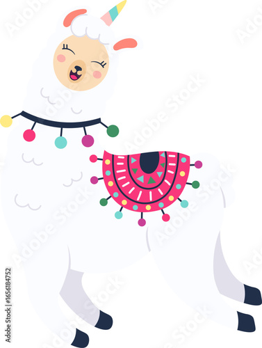 Cheerful llama prancing joyfully, adorned with colorful pom poms and a whimsical unicorn horn, brings a sense of fun and happiness, perfect for festive designs and playful illustrations