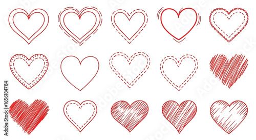 Collection of hand-drawn red hearts in various sketch and doodle styles. Vector set of love symbols for Valentine's Day isolated on white background.