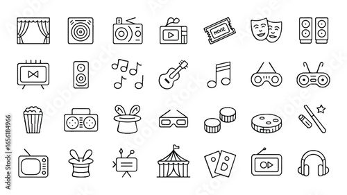 Entertainment and Media Doodle Icon Set Collection Theater Radio Music Movie and Magic Icons in Simple Outline Style