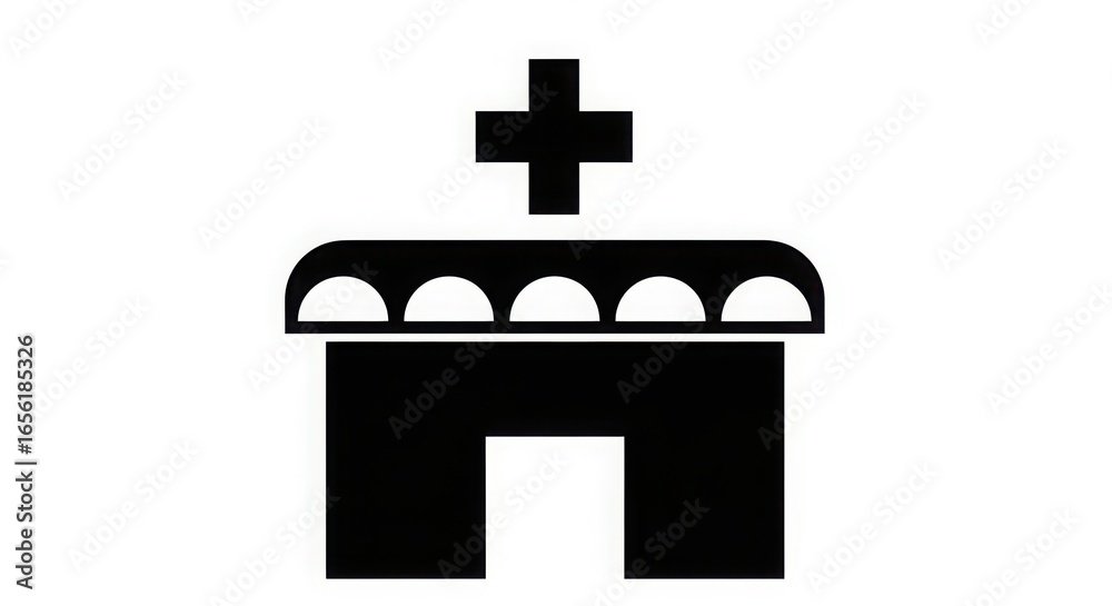 Obraz premium A simple black and white illustration of a hospital building with a cross on top of it design