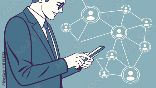 Businessman using smartphone networking connection.