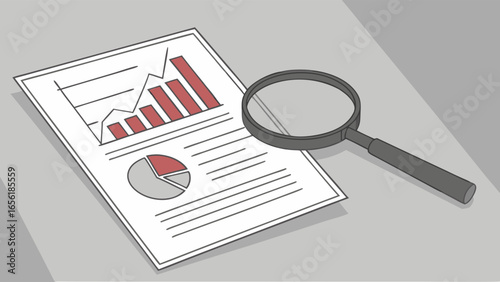 Financial Analysis Magnifying Glass on Business Report with Charts and Graphs.