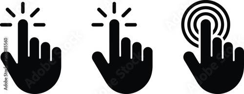 Set of Black Hand Cursor Finger Pressing Pointing Touching Icons on White