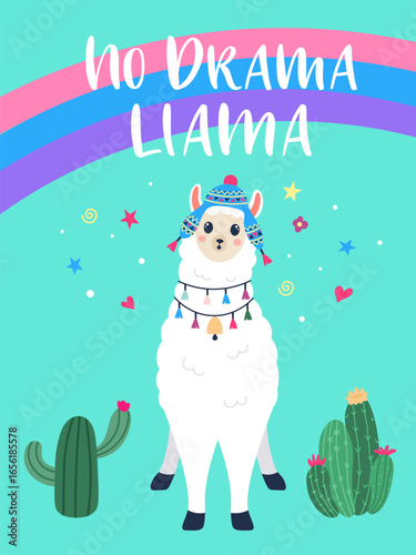 Cheerful illustration features a llama wearing a winter hat, positioned between two cacti plants, with the text no drama llama and a rainbow overhead, creating a positive and playful scene