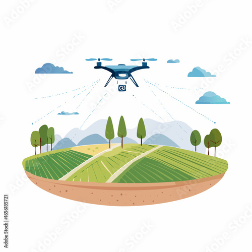 Smart agriculture vector with drone, sensors, and cloud-connected farm. Represents IoT, smart farming, and agricultural technology.