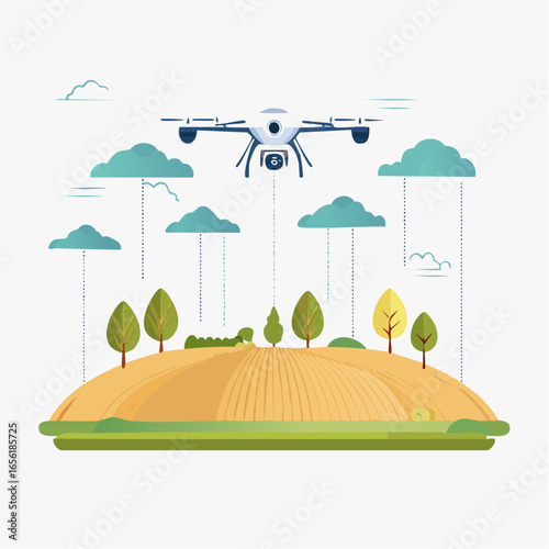Smart agriculture vector with drone, sensors, and cloud-connected farm. Represents IoT, smart farming, and agricultural technology.