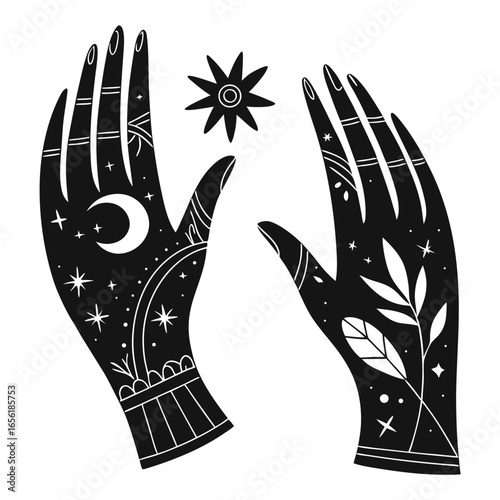 Mystical hands adorned with celestial and botanical elements reaching towards a star