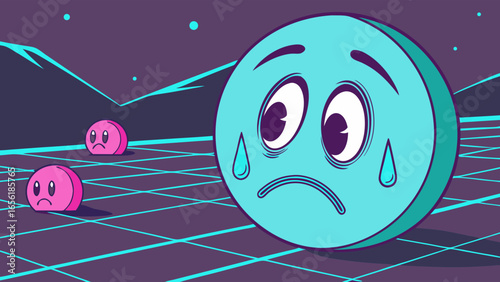 Cartoon Sad Emoji Character in a Retro Landscape.