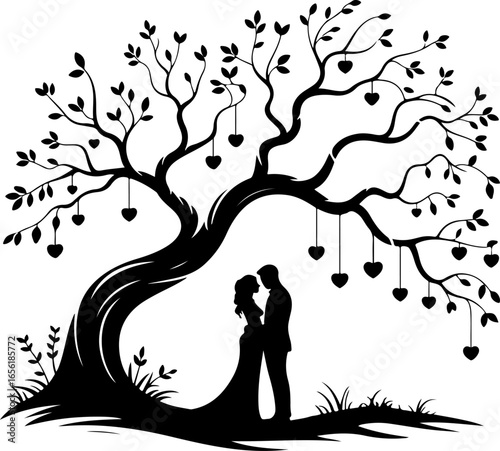 romantic couple standing under love tree
