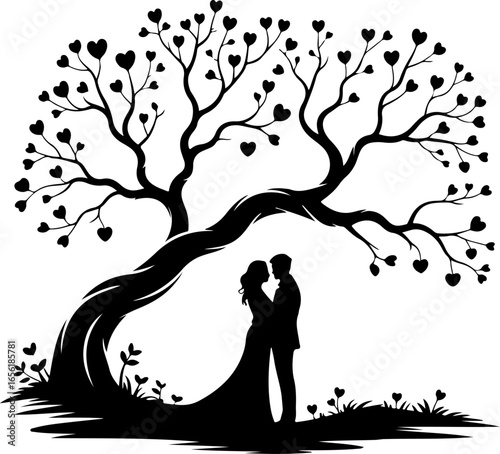 romantic couple standing under love tree