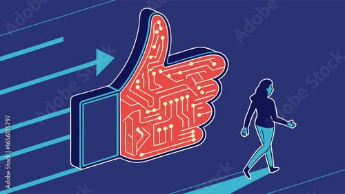 Circuit Board Thumbs Up Digital Like Icon with Person Walking Towards It.