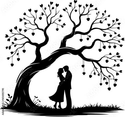 romantic couple standing under love tree