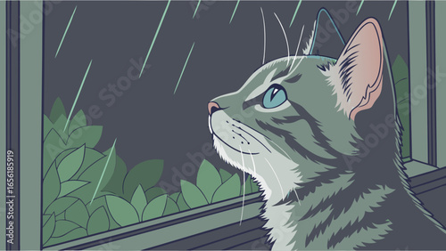 Gray Cat Looking Out Window in Rain.