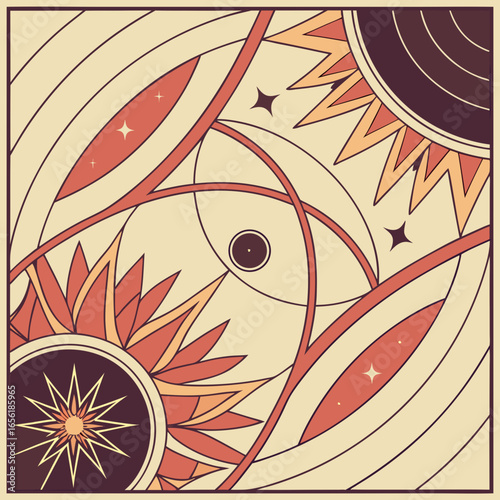Abstract geometric celestial design with sun and stars in retro colors