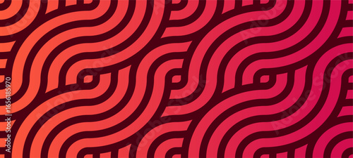 Seamless abstract geometric pattern with curved wave lines in red and orange gradient. Perfect for background, wallpaper, cover, textile, decoration, and modern graphic design.