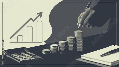 Growing Investment Hand Adding Coins to Stacked Piles.