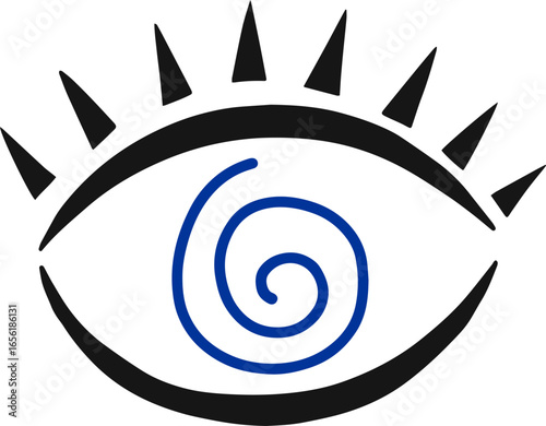 Stylized eye featuring a hypnotic spiral and eyelashes resembling spikes conveys themes of vision, observation, and hypnosis, evoking a sense of mystery and insight