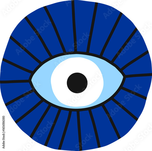 Hand drawn illustration featuring a blue evil eye amulet, symbolizing protection and good luck, set against a dark blue background with radiating lines