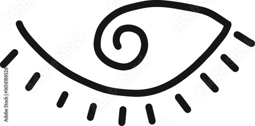Simple, hand drawn illustration of an eye featuring a spiral pupil and eyelashes emitting rays of light, conveying a sense of wonder and mystique
