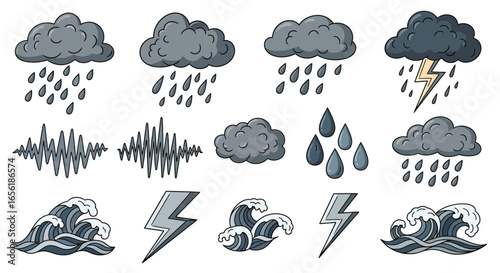 Collection of stormy weather and sound wave icons rain, lightning, thunder, and ocean waves