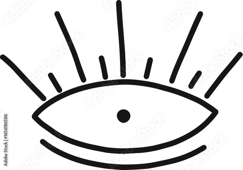 Minimalist vector illustration featuring an eye radiating beams of light, created with simple line art techniques and set against a clean white background, evoking themes of vision and insight